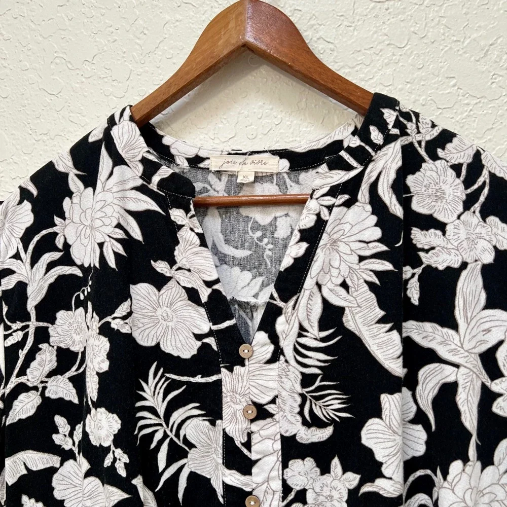 Joie De Vivre Womens XL Black White Floral Smocked Hem Linen Blend Blouse Top